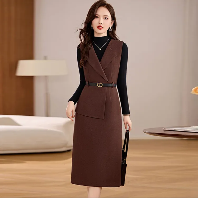 毛呢背心两件套连衣裙女2025秋冬新款气质洋气显瘦长袖针织套装裙