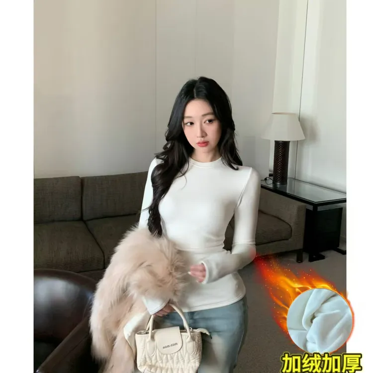 【加绒加厚】摇粒绒秋冬打底衫正肩圆领收腰长袖（退换运费补贴6-8）