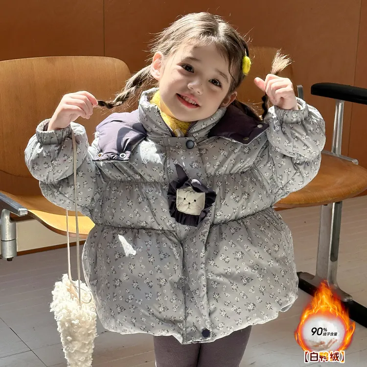 三防2025冬季新款女儿童90白鸭绒中长款羽绒服女小童连帽假一罚十