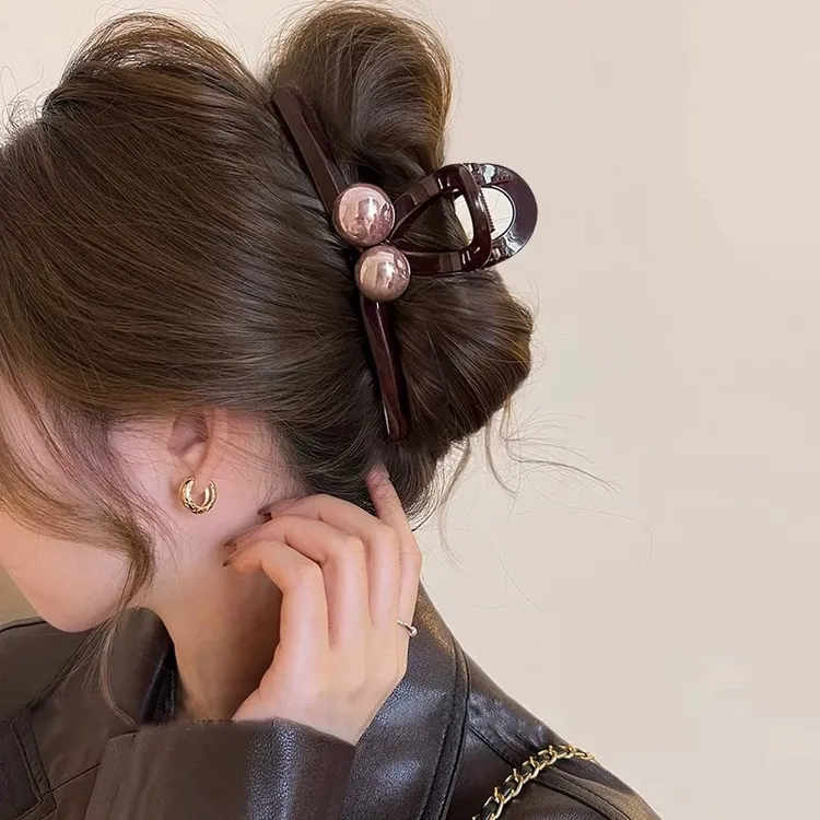 玫乐发饰发卡复古咖色珠珠高颜值流行新款大号发夹刘海女生氛围感