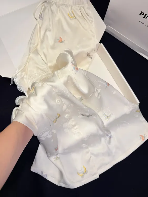 【温柔小福蝶】少女蕾丝花边冰丝短袖睡衣女夏季新款短裤套装家居服