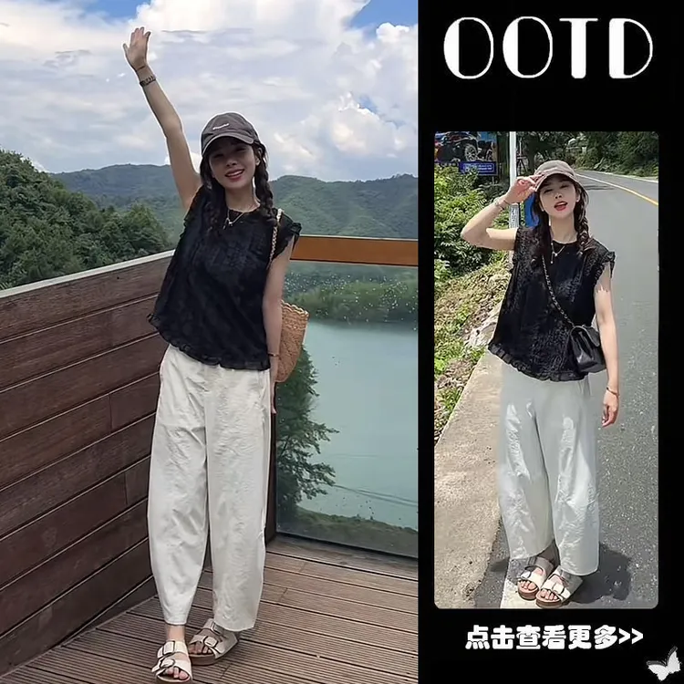 夏季流行穿搭一整套2025新款韩版木耳边无袖衬衫百搭休闲裤两件套