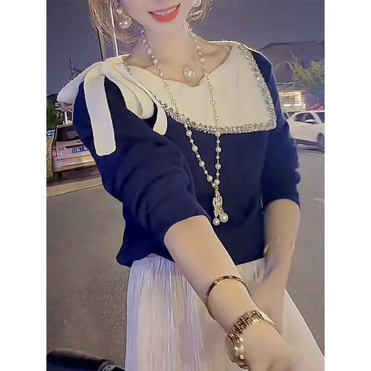 重工镶钻设计感撞色蝴蝶结绑带针织衫女2025秋冬毛衣荡领好看上衣