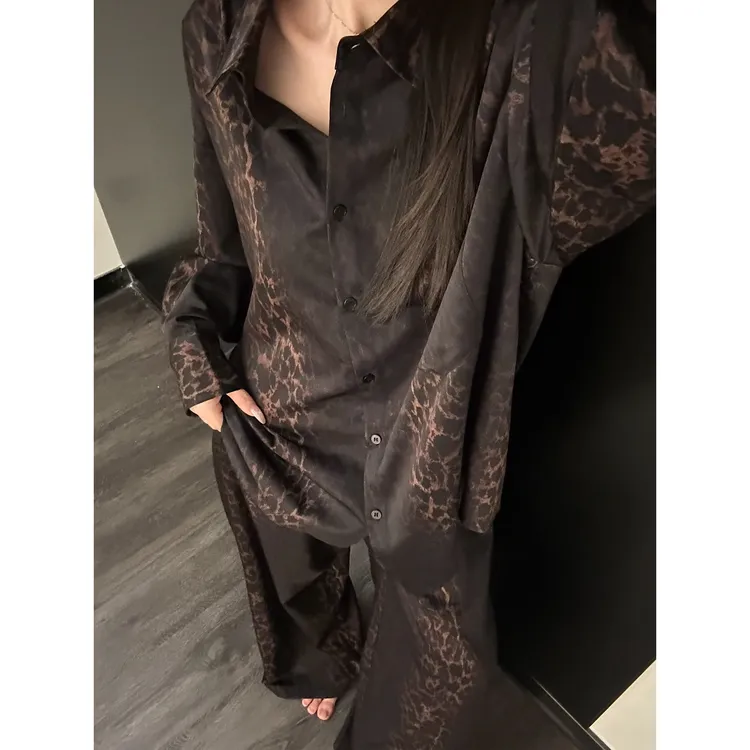 复古休闲宽松豹纹印花秋季新款睡衣女轻奢风家居服长裤套装可外穿