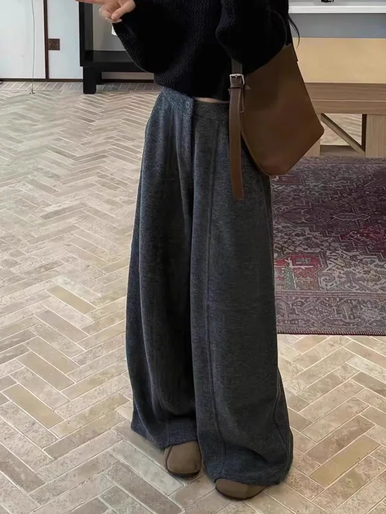 灰色毛呢阔腿休闲裤女秋冬新款大码宽松显瘦加绒加厚直筒拖地长裤