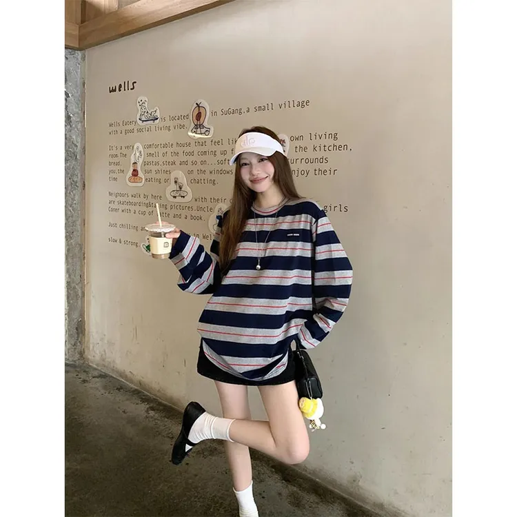 早秋复古条纹撞色长袖T恤女春秋新款韩版宽松百搭休闲慵懒风上衣