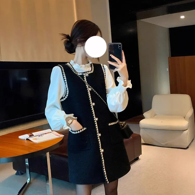 千金小香风背心连衣裙两件套女春季法式高级感黑色花边显瘦短裙子