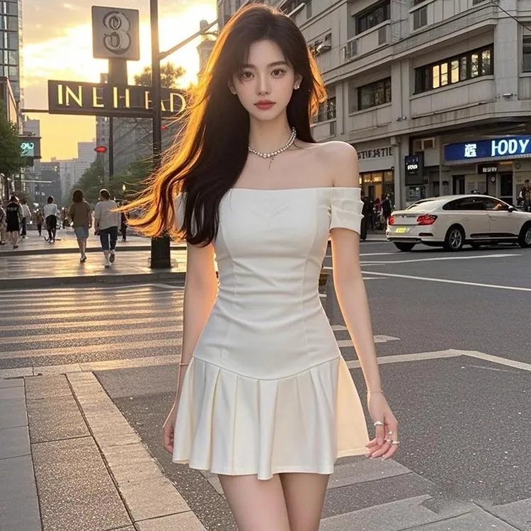 韩式气质辣妹一字肩别致绝美a字连衣裙2025年夏季新款女修身显瘦