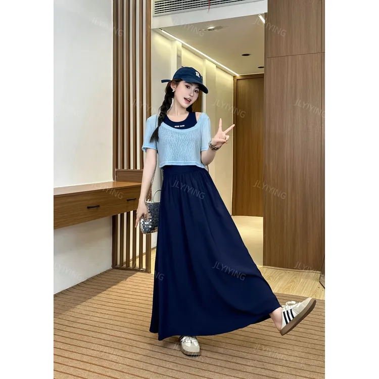 女新款夏季薄款真两件套a字显瘦百褶连衣裙+短款短袖套装时尚法式