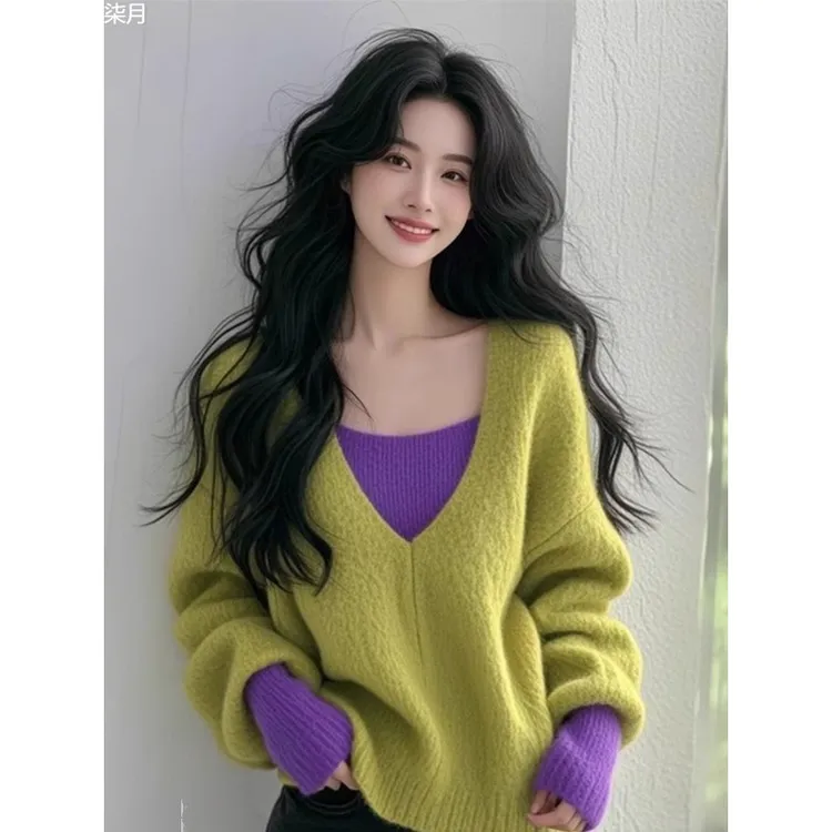 拼接假两件V领毛衣女装秋冬季大码胖mm漂亮好看多巴胺针织衫上衣