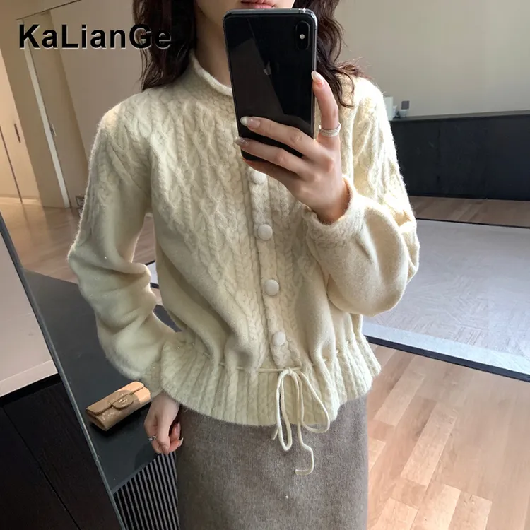 卡莲格/复古绞花系带保暖打底毛衣女2025秋冬加厚显瘦内搭针织衫