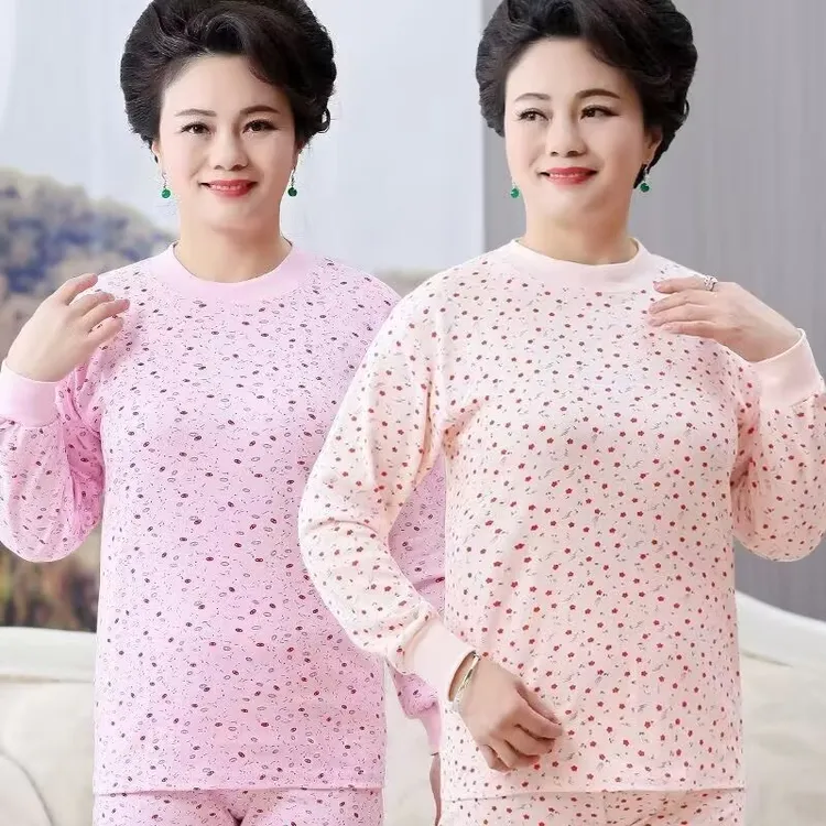 中老年纯棉秋衣女上衣中高领印花保暖秋冬全棉内衣打底老太太线衣