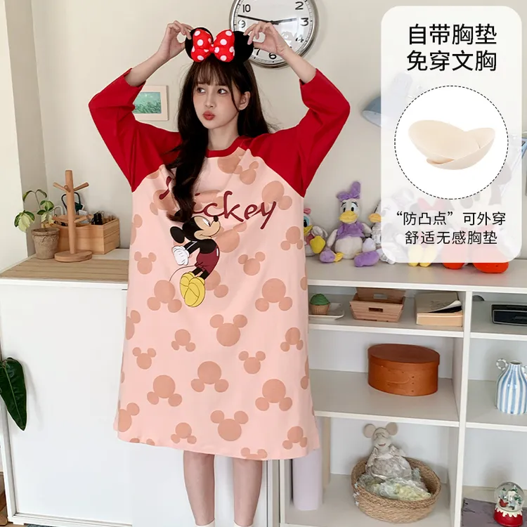 Disney/迪士尼春秋新款套头长袖带胸垫睡衣女宽松休闲家居服0158
