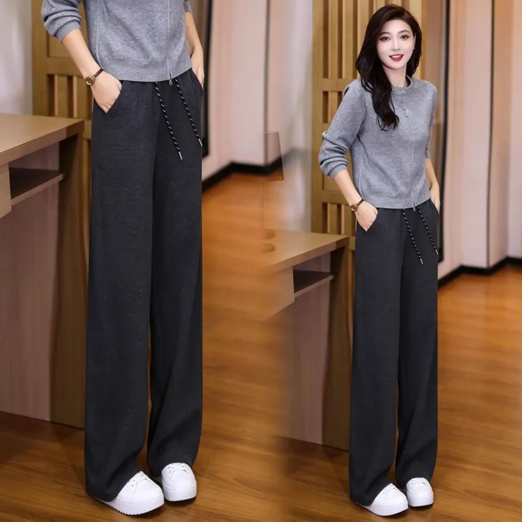 时尚松紧窄版宽松阔腿裤女2026春季新款糯米垂感直筒裤休闲裤子女商品图