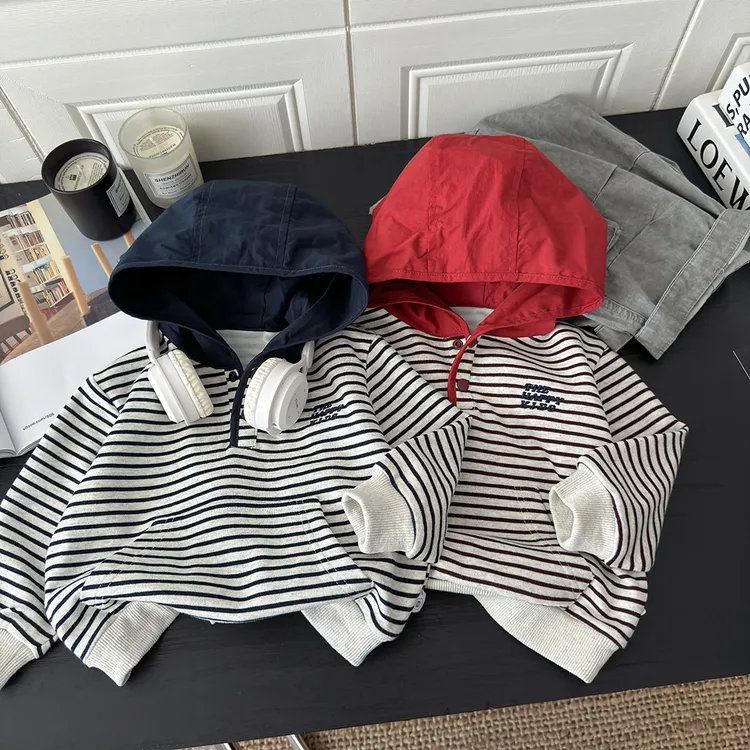 儿童新款韩版长袖连帽卫衣男女宝宝秋季衣服条纹上衣刺绣洋气时髦