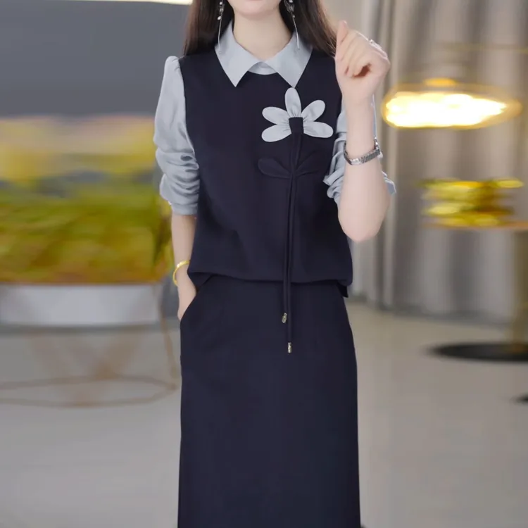 时尚POLO领长袖两件套连衣裙女2025年春秋新款妈妈高档半身裙套装