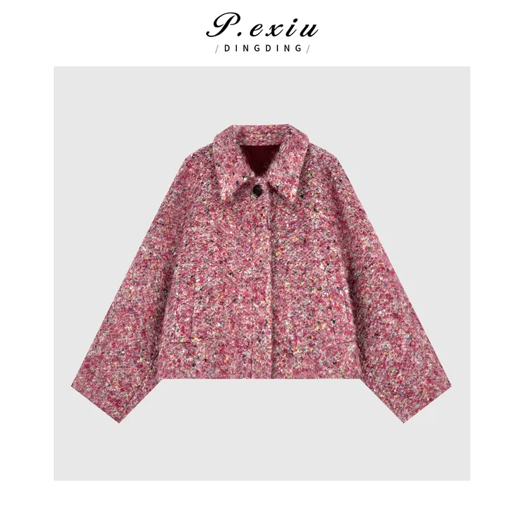 绵羊毛彩点花纱复古高级感翻领大衣外套 YJ236