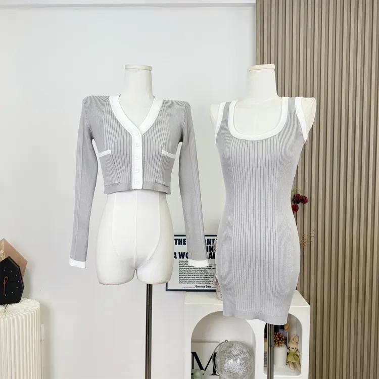 淑女冰感纱线修身显瘦针织背心裙两件套女早秋薄款开衫包臀裙套装