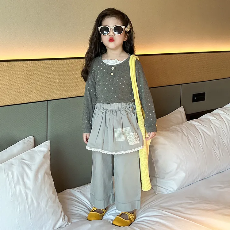 韩版女童假两件波点上衣2025春季新款花边拼接屁帘宽松直筒裤套装