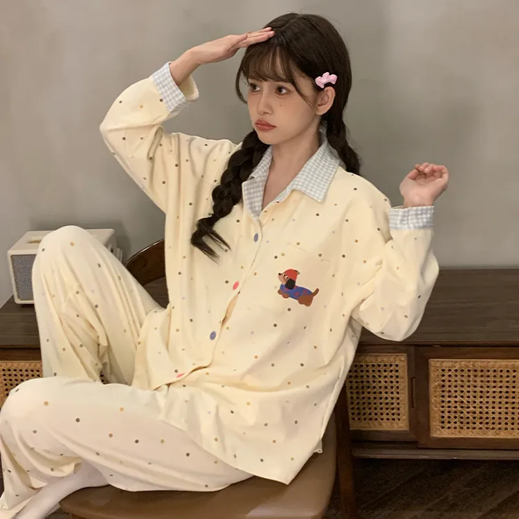 睡衣女士新款春秋冬季可爱波点小狗大码卡通长袖家居服套装可外穿