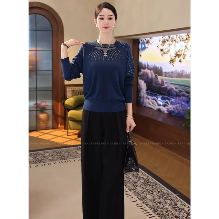 2025秋冬新款【QQ-1212JR】天丝醋酸羊毛蓝色烫钻圆领镂空针织上衣