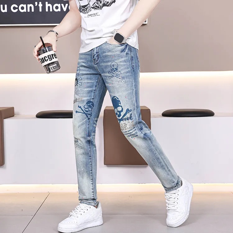 高端春夏季薄款牛仔裤男款修身小脚裤弹力长裤子复古潮流韩版时尚