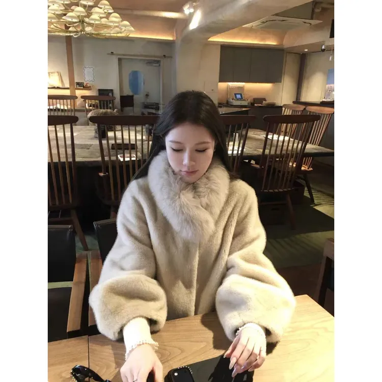 复古仿水貂轻奢皮毛一体毛领环保皮草毛毛外套女23739#