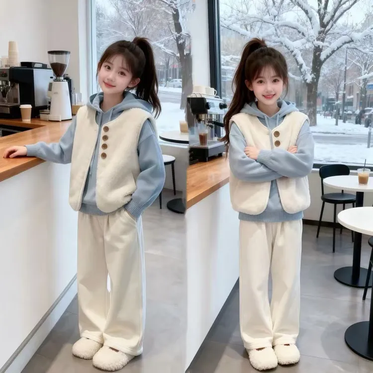 女童冬装卫衣三件套装2025新款儿童女孩中大童洋气马甲加绒加厚潮