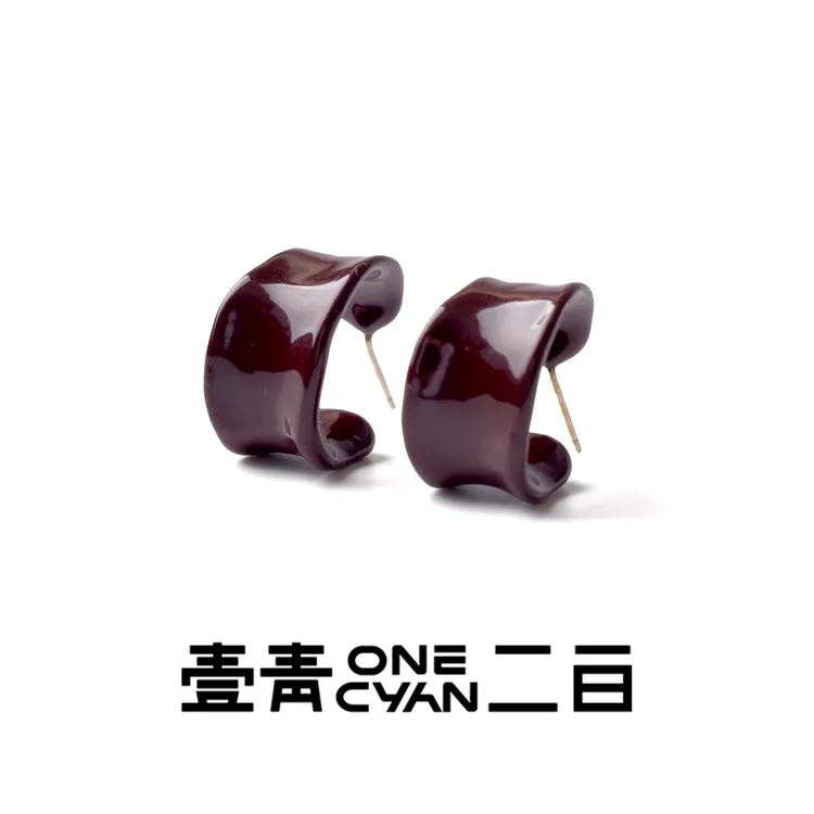 ONECYAN 铜合金珐琅耳饰 《洪》勃艮第红珐琅百搭宽面耳钉气质小众