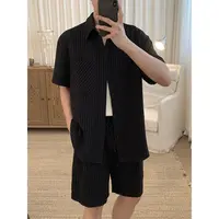阿茶与阿古黑色华夫格休闲套装男款夏季短袖衬衫抽绳短裤A2505112