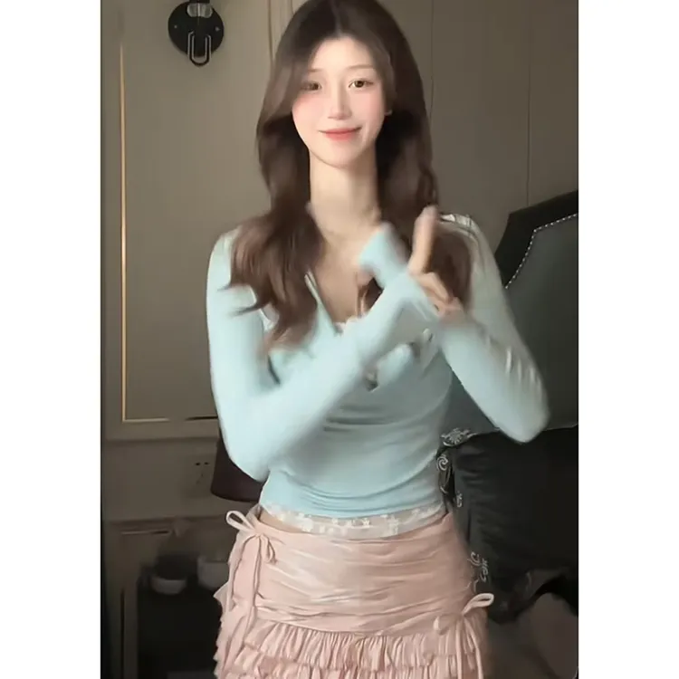 【B Y】2025新款纯欲少女辣妹风V领长袖修身上衣时尚显瘦温柔半身裙