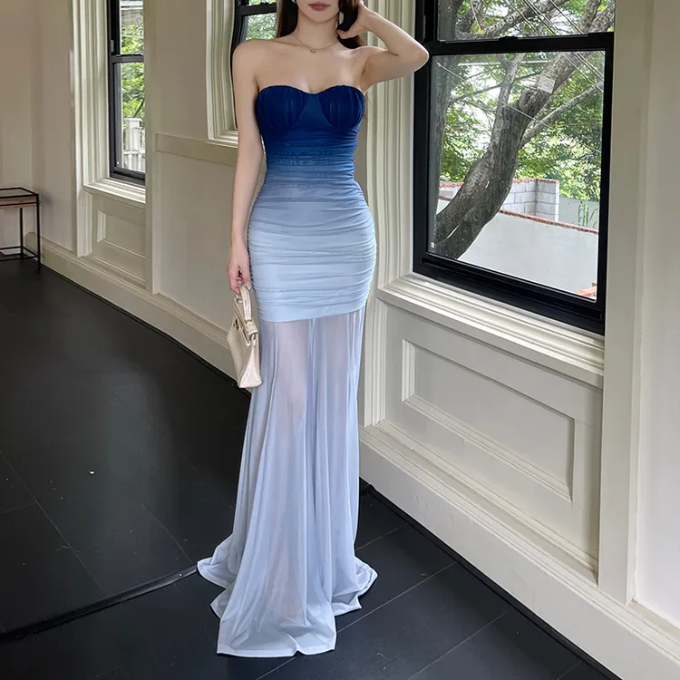 KaDaiShan 蓝色渐变色抹胸礼服裙气质性感网纱高个子吊带连衣裙女