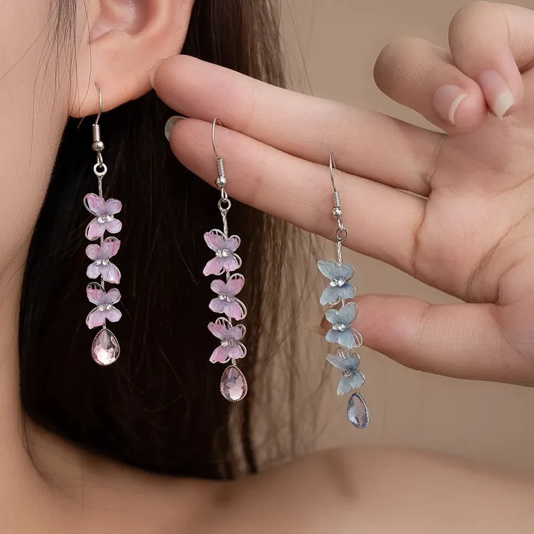 清冷蝶泪~超仙蓝色蝴蝶水滴吊坠流苏耳环女小众设计高级耳钉耳饰