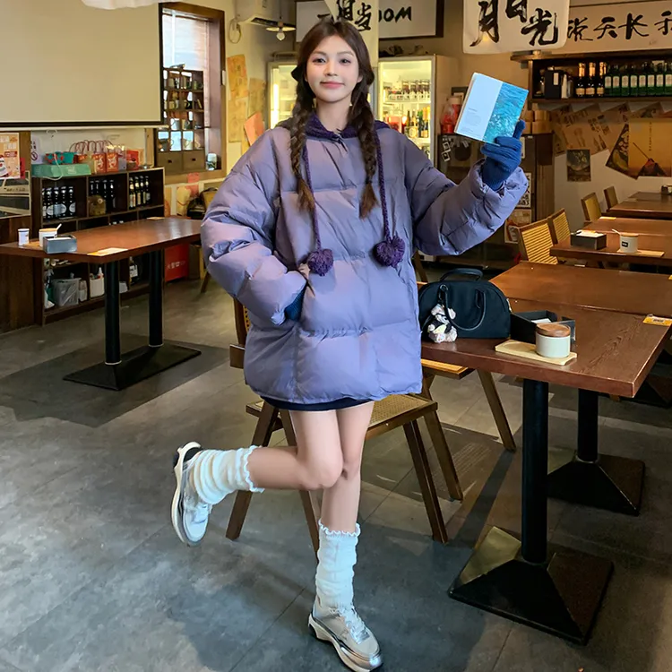 学院风紫色针织连帽羽绒服女冬季2024新款小个子超好看白鸭绒外套