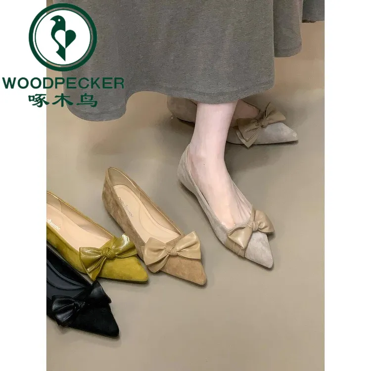 啄木鸟尖头蝴蝶结绒面低跟气质浅口单鞋女2025秋季新款百搭通勤鞋