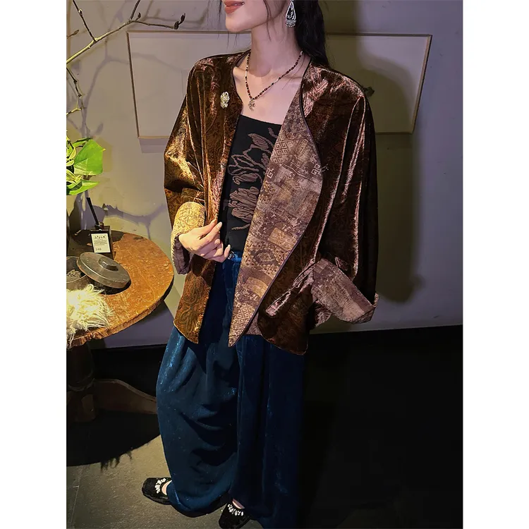 三吉黑花【暮舟】新中式人丝绒外套女2025新款秋季巨好看今年流行