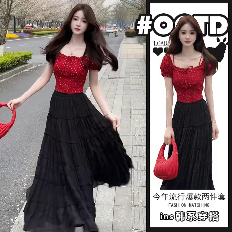 高级感小洋装两件套2025夏季辣妹红色波点修身上衣法式气质半身裙
