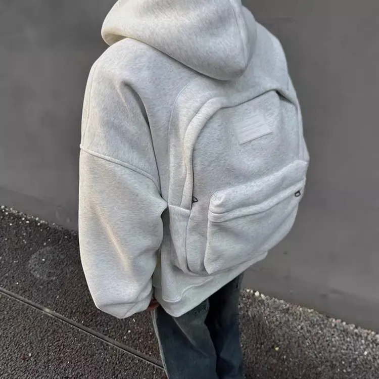 春秋季背包设计连帽卫衣男美式潮流百搭宽松大码纯色痞帅帽衫外套