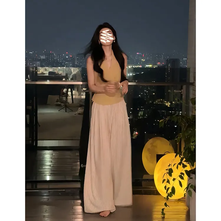 2025夏季新款法式气质收腰系带V领无袖上衣百搭高腰条纹阔腿长裤