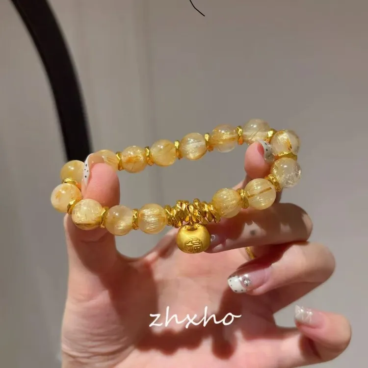 小胖福盘缠黄发晶手链女新中式时尚百搭黄水晶手串送闺蜜礼物女款