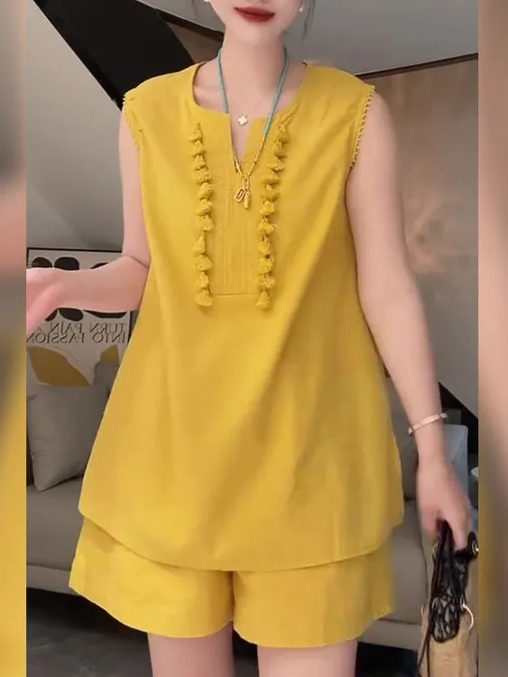 韩系设计感重工流苏V领无袖女2025年夏季新款高级别致慵懒风套装