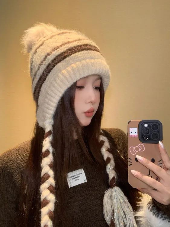 毛球辫子针织护耳帽女秋冬季复古显脸小毛线帽大头围保暖防寒帽子