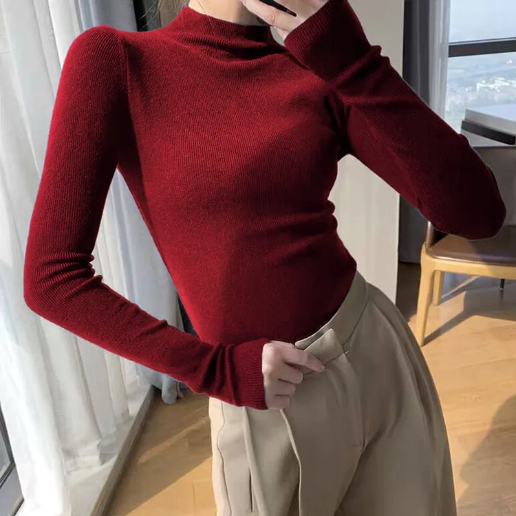 时髦洋气红色衣服半高领针织衫上衣女秋冬季内搭外穿小众打底毛衣