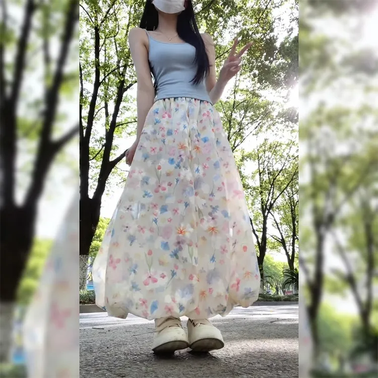 韩版高腰碎花花苞阔腿裤套装女装2025夏季修身无袖吊带上衣两件套