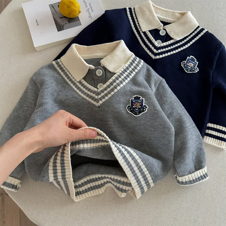 儿童A类毛衣polo领宝宝刺绣假两件针织衫2025秋冬时尚中小童毛衣
