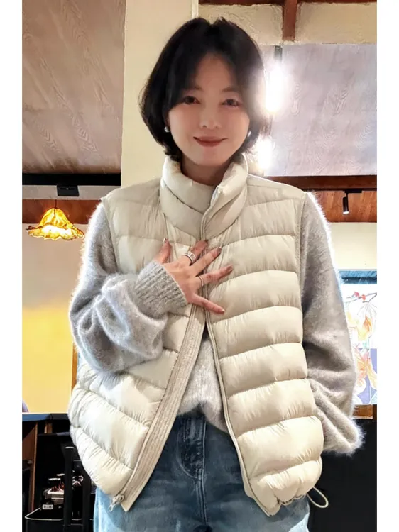 立领排骨羽绒服马甲女2025新款超好看短款小个子白鸭绒背心外套