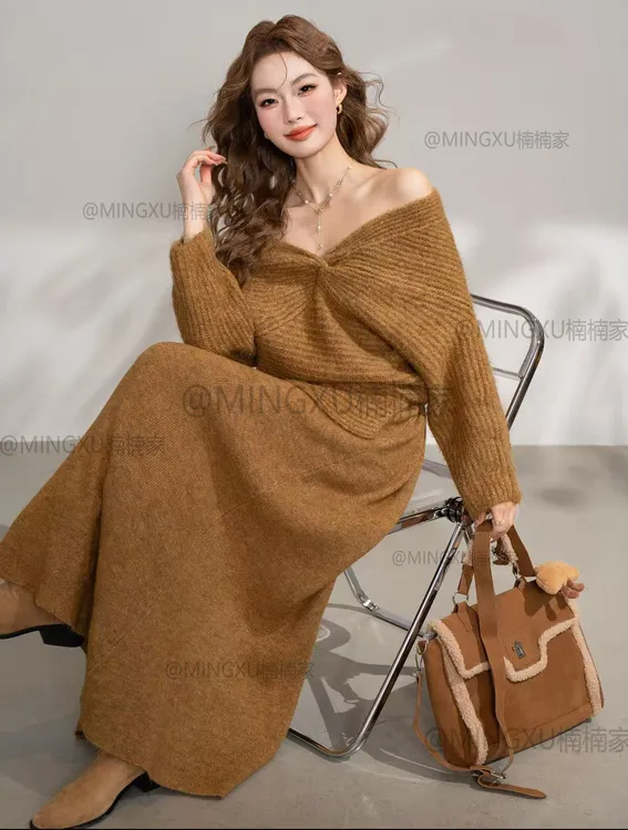 原创温柔风设计感纯欲风慵懒风时尚套装森系交叉上衣半身裙套装女