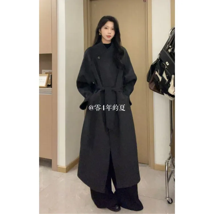 翻领秋冬常规长款少女风羊毛外套毛呢大衣黑色气质