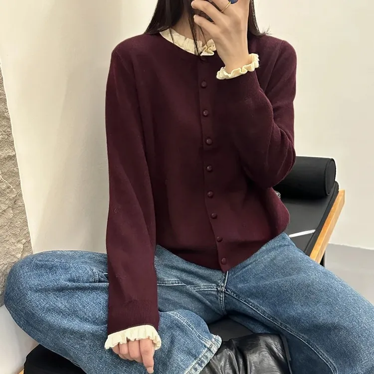 2025年新款气质设计感花边袖木耳边针织开衫长袖毛衣上衣女H8-52