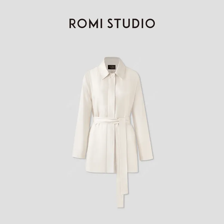 ROMI STUDIO 100%桑蚕丝薄轻凉感哑光翻领收腰风衣外套RWCAWG4854